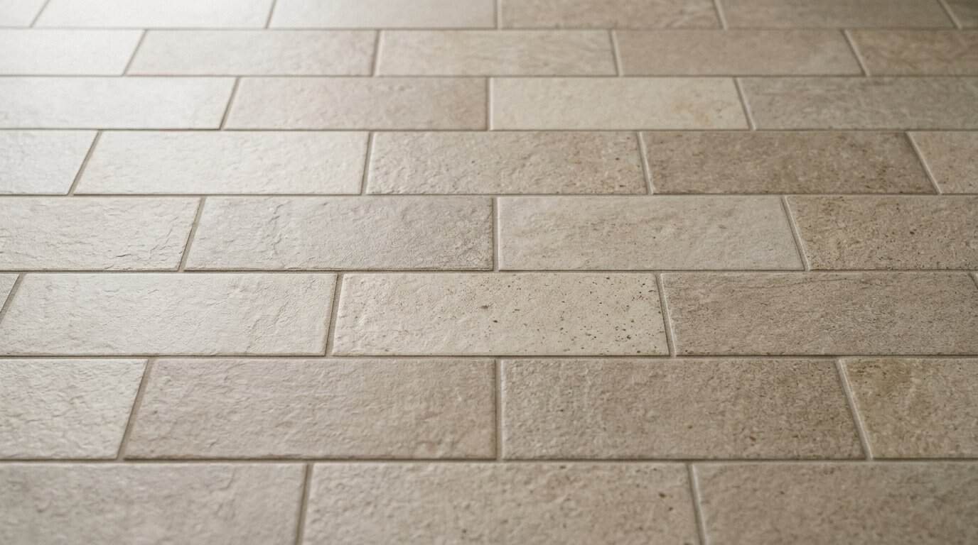 Close-up of beige ceramic tile flooring in a modern interior.