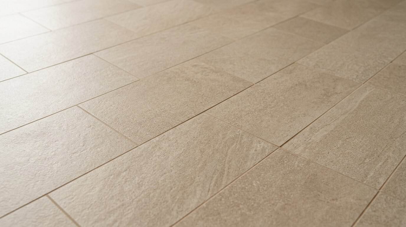 Close-up of beige ceramic tile flooring in a modern interior.