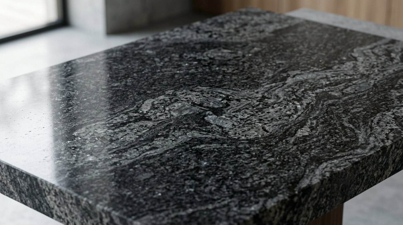 Close-up of black granite countertop with polished finish.