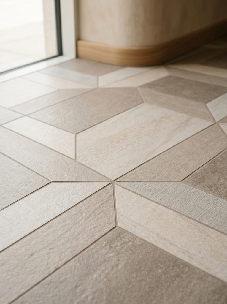 Modern beige and gray tile flooring in a residential space.
