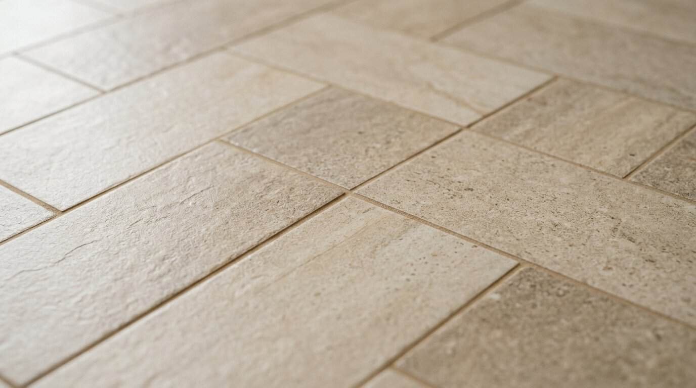 Close-up of beige tile flooring in a modern interior.